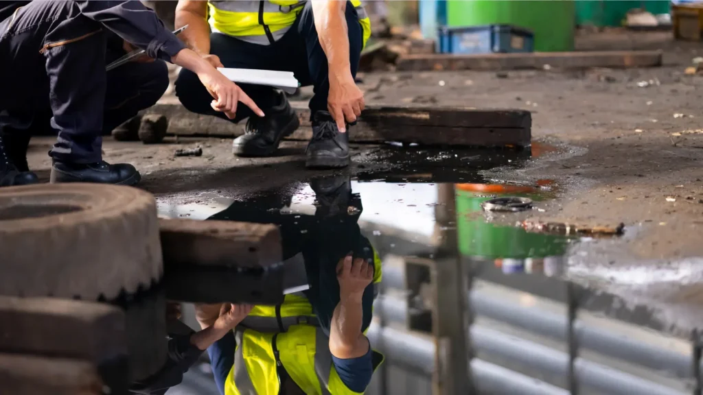 Two workers in reflective vests inspect an oil spill on an industrial floor, pointing and performing an Accident investigation.