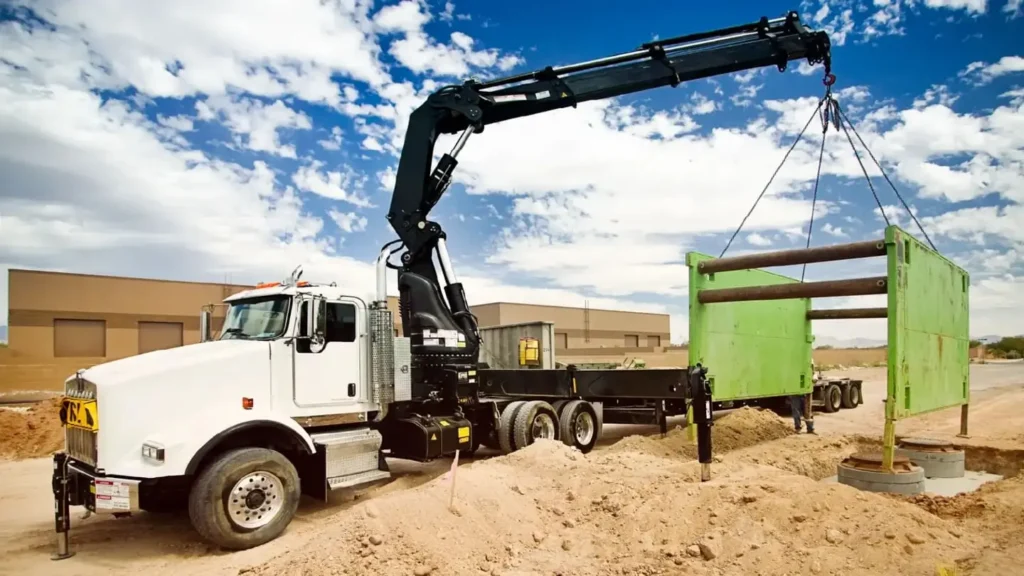 A white truck with an articulating crane lifts a large green structure on a sandy construction site, set against a bright, partly cloudy sky.