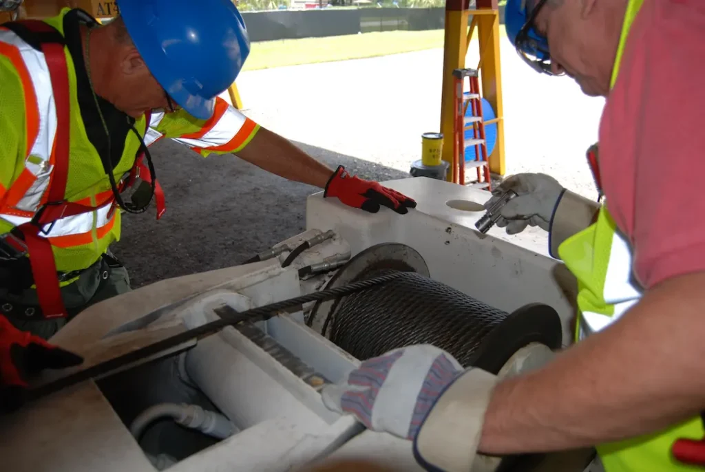Two construction workers in safety gear and blue helmets inspect a large mechanical winch.