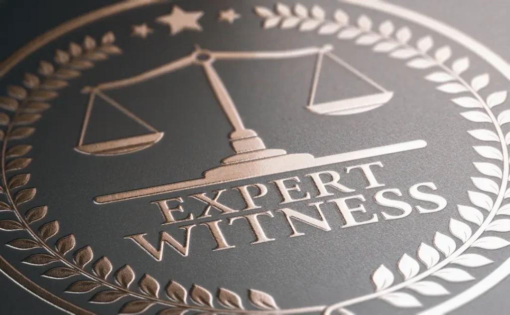 Bronze embossed emblem displaying scales of justice and text "EXPERT WITNESS" encircled by laurel branches, suggesting authority and expertise.