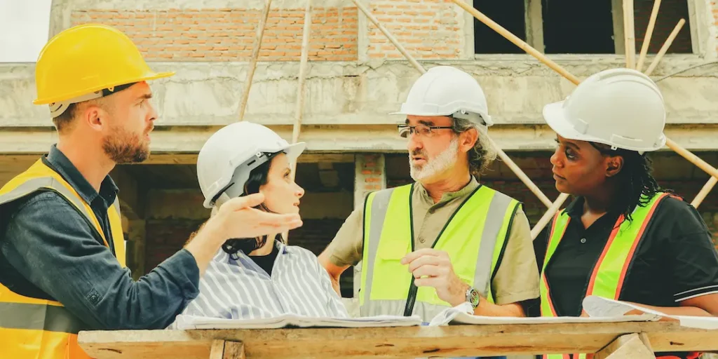 Four diverse construction workers in safety gear and helmets engage in a discussion at a building site, holding blueprints. The mood is collaborative.