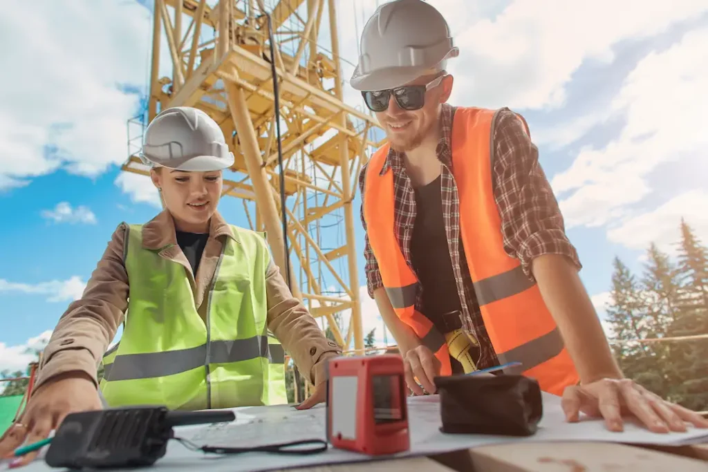 Two workers, one woman and one man, wearing safety vests and helmets, discuss plans at a construction site with a yellow crane in the background. The mood is collaborative.