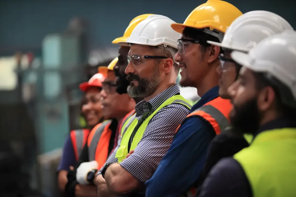A group of diverse construction workers wearing safety vests and hard hats stand in a line, smiling in an industrial setting.