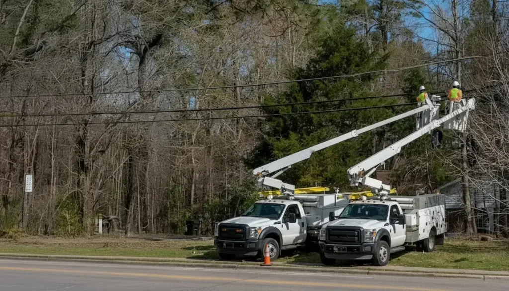 Two workers in safety vests operate bucket trucks to repair power lines near a wooded area.