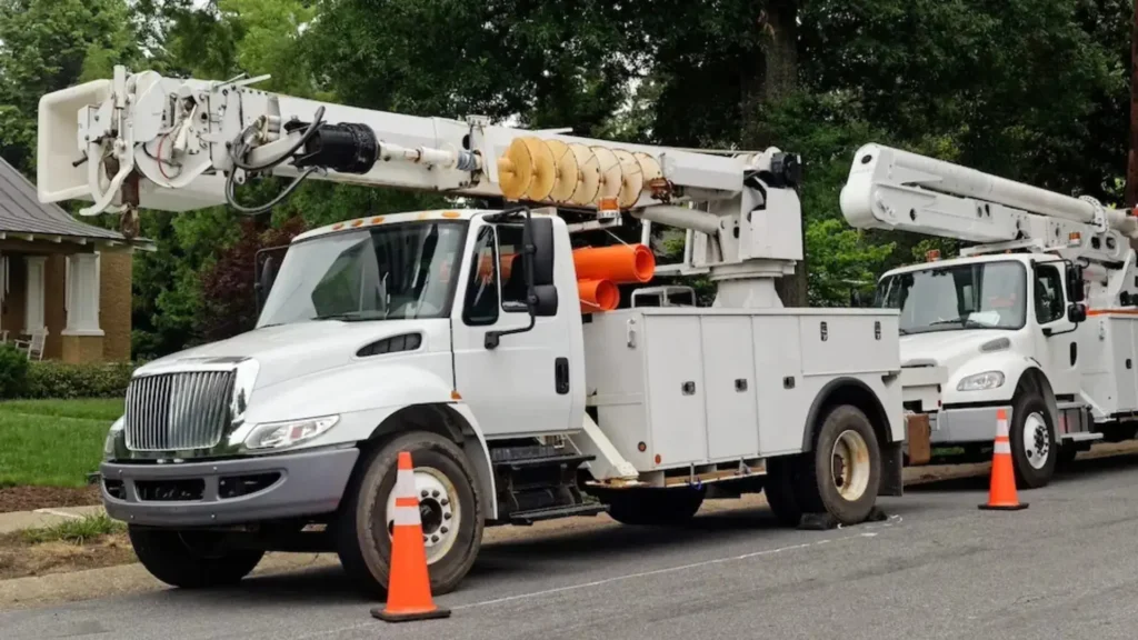 Two digger derrick trucks with elevated work platforms are parked on a street, surrounded by orange cones, next to a residential area with trees.