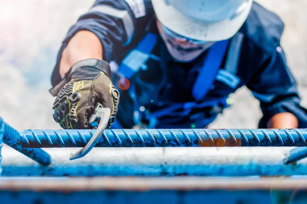 A construction worker wearing a helmet and gloves uses a tool to climb a rebar ladder. The image is vibrant, suggesting focus in the fall protection safety training.