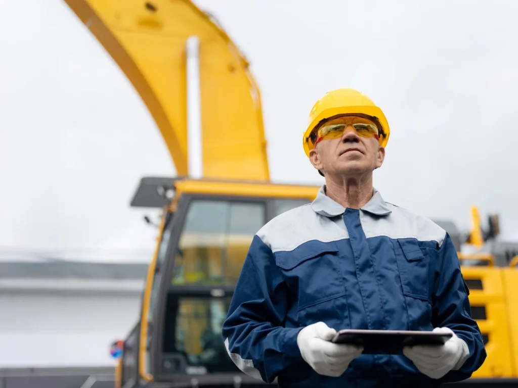 Construction worker in a yellow hard hat and blue uniform holds a tablet, standing confidently in front of a yellow excavator under a cloudy sky. Mobile Crane Safety for Managers