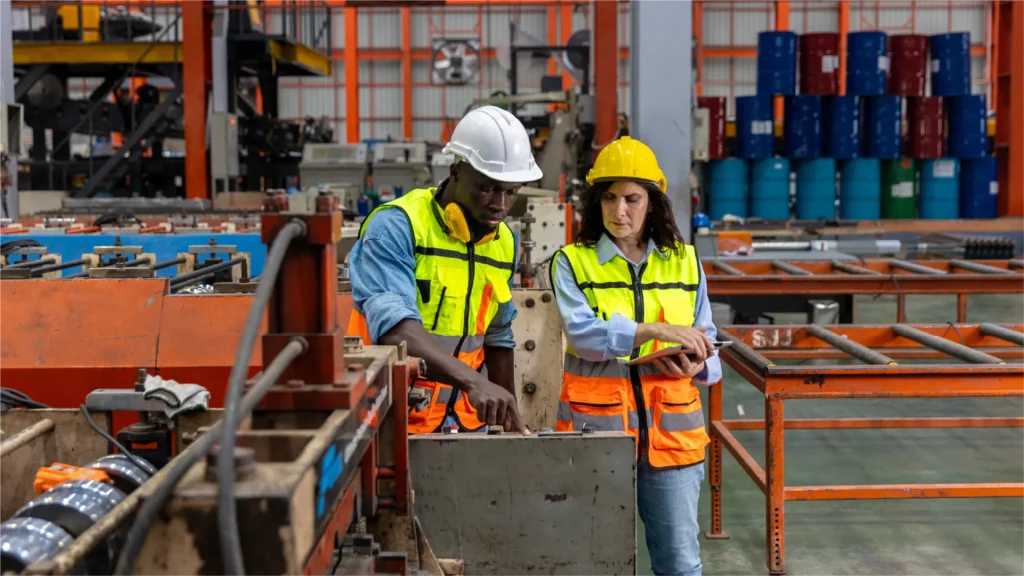 Two industrial workers, one man and one woman, wearing safety vests and helmets, discuss equipment in a factory, with machinery and barrels around them.