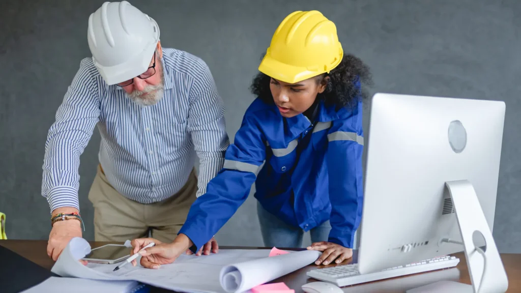 Two workers, an older man and a younger woman, work together on architectural plans at a desk. Both wear safety helmets.