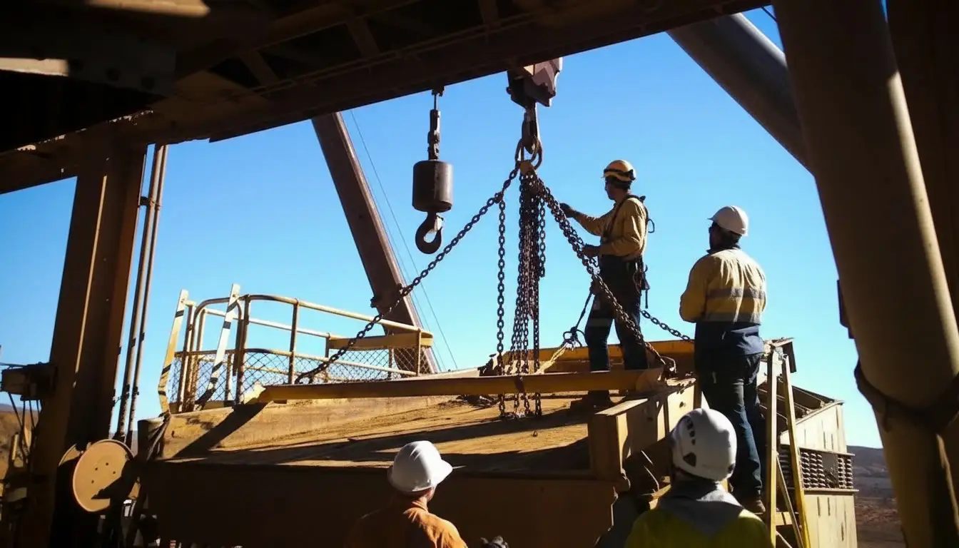Group of workers in hard hats and safety gear operate heavy machinery, using chains to lift equipment at an industrial site.