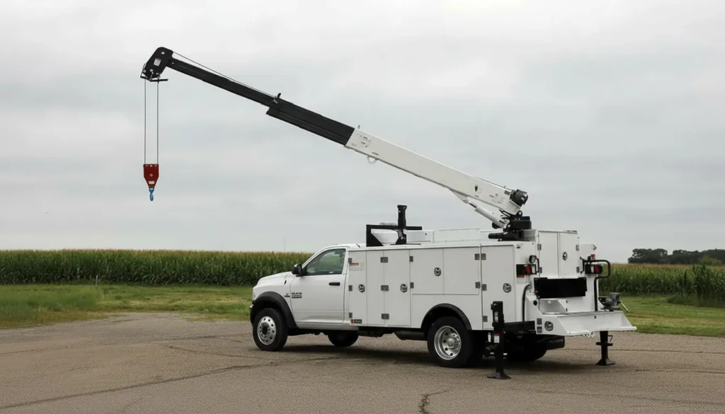 A white service truck with an extended black and white crane parked on a paved area.