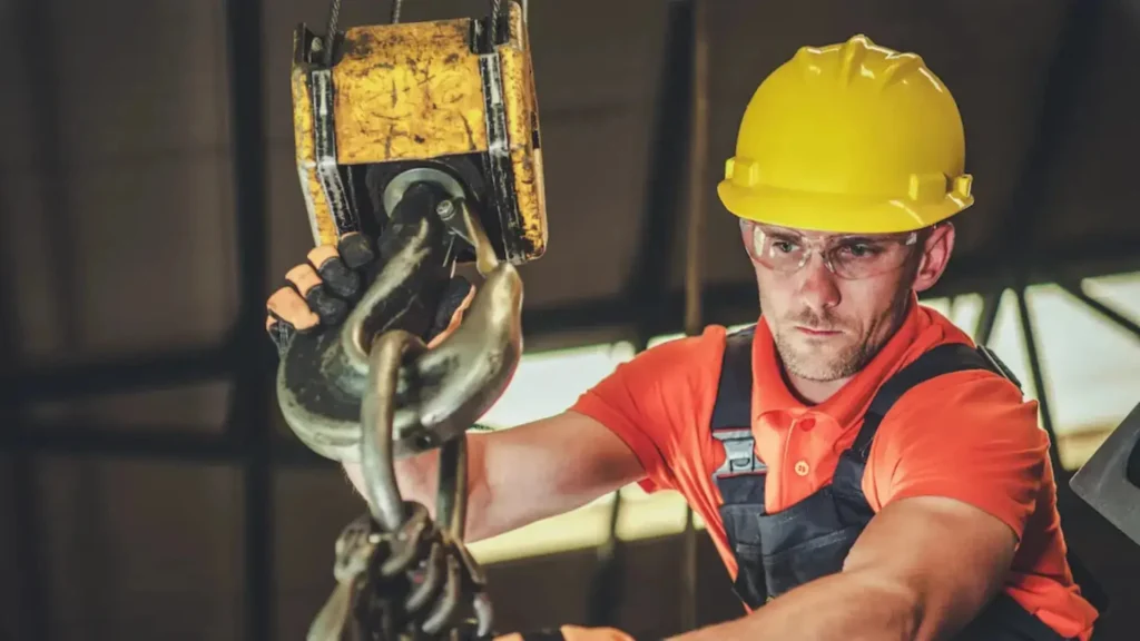 A construction worker wearing a yellow hard hat and protective glasses carefully operates a large hook with a focused expression, highlighting safety and concentration during Rigger Level 1 Training.