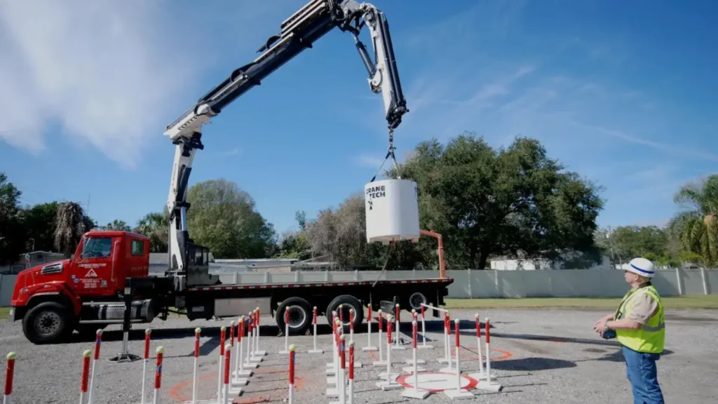 A red truck with a crane lifts a large cylindrical weight labeled "CRANE TECH" at a construction site. A worker in a safety vest and helmet observes. Represents the Articulating Crane Loader CCO Certification