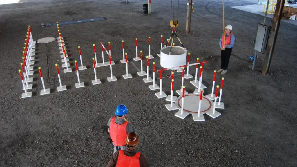 Workers in an industrial space guide a large cylindrical object with a crane, surrounded by safety barriers. The scene represents the Overhead Crane Operator CCO Certification