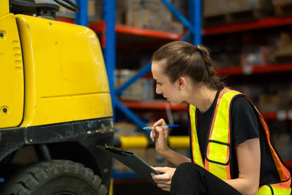 A woman in a reflective vest inspects a yellow forklift while using a clipboard and pen. She is focused, with warehouse shelves in the background.