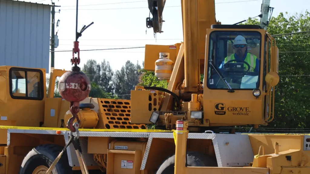 A construction worker in a reflective vest and hard hat operates a yellow crane. A large metal hook hangs in front. Represents the mobile crane operator cco certification