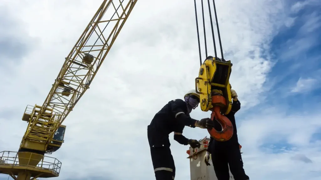 Two construction workers in safety gear operate a large yellow crane hook under a cloudy sky. The scene conveys teamwork and focus in the Pedestal Crane Inspector Training